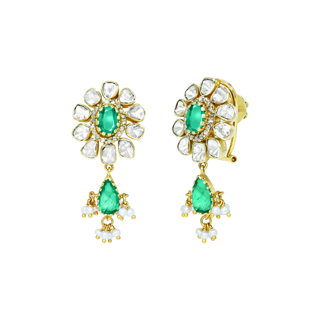 Polki Earrings with Emerald Center, Drops, and Pearl Accents